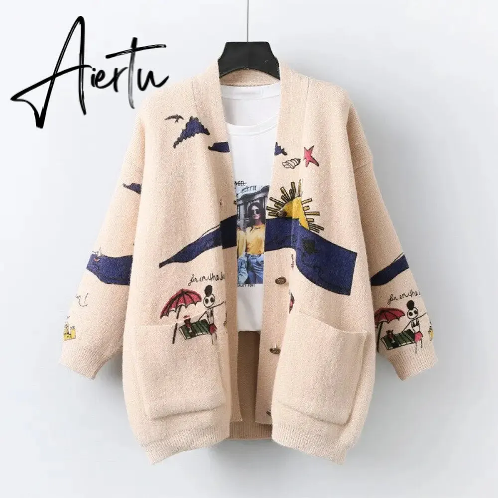 Aiertu Autumn Winter Women Cardigans Warm Knitted Sweater Jacket Pocket Embroidery Fashion Knit Cardigan Coat Lady Loose Sweaters tops