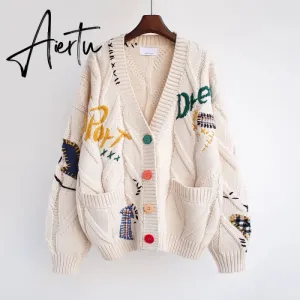 Aiertu Autumn Winter Women Cardigans Warm Knitted Sweater Jacket Pocket Embroidery Fashion Knit Cardigan Coat Lady Loose Sweaters tops