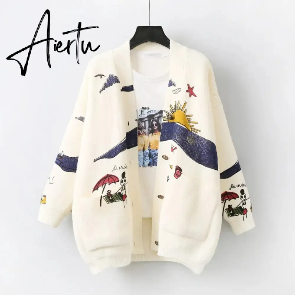 Aiertu Autumn Winter Women Cardigans Warm Knitted Sweater Jacket Pocket Embroidery Fashion Knit Cardigan Coat Lady Loose Sweaters tops