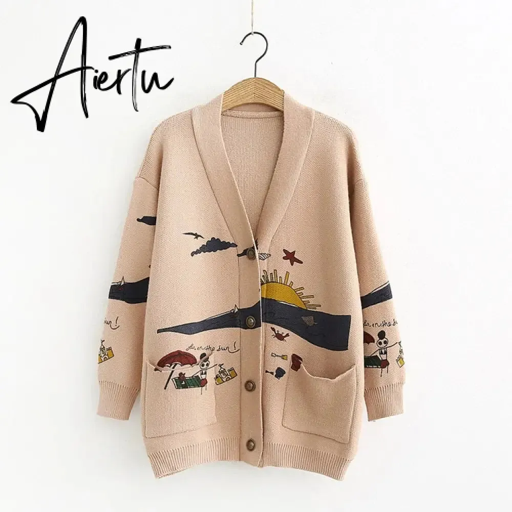 Aiertu Autumn Winter Women Cardigans Warm Knitted Sweater Jacket Pocket Embroidery Fashion Knit Cardigan Coat Lady Loose Sweaters tops