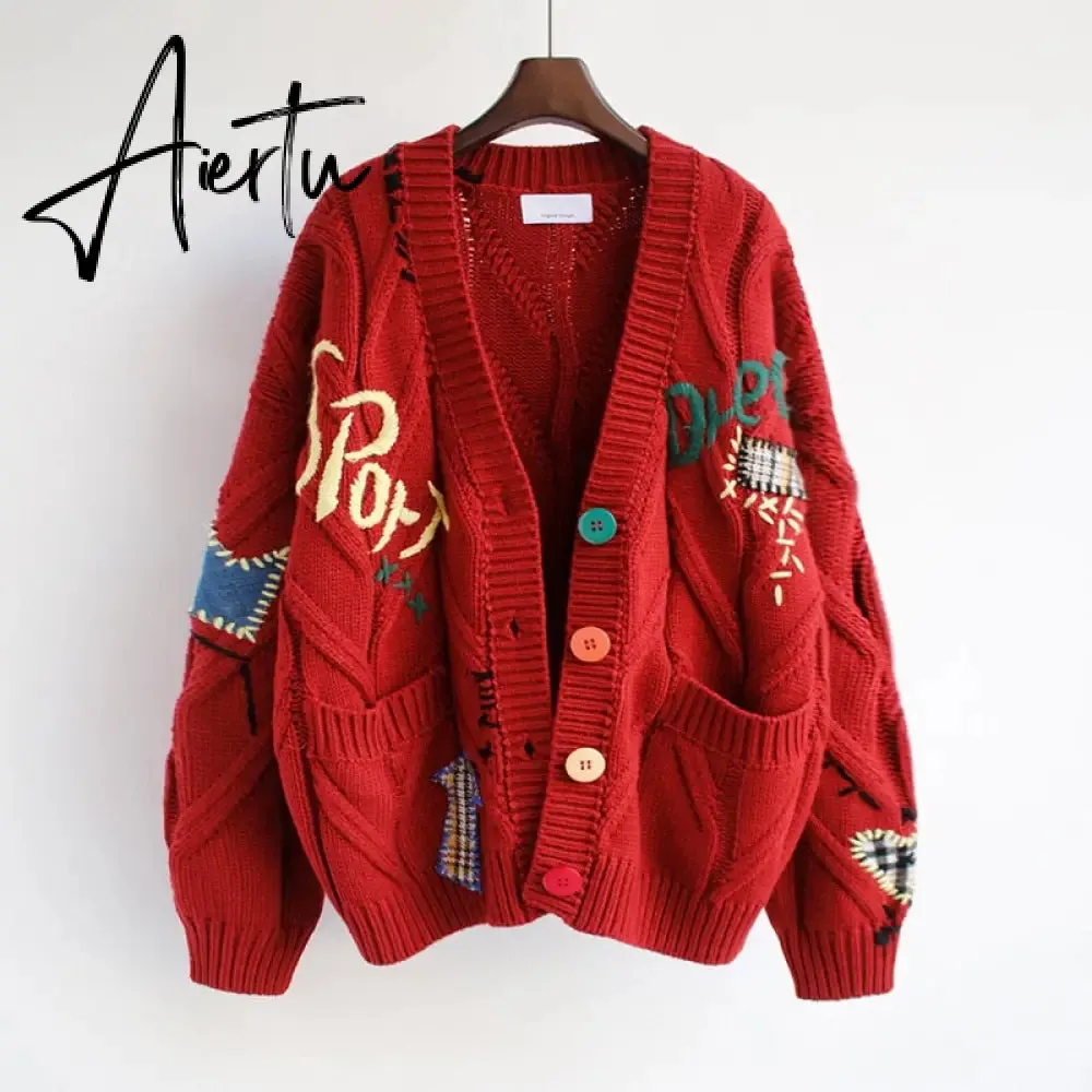 Aiertu Autumn Winter Women Cardigans Warm Knitted Sweater Jacket Pocket Embroidery Fashion Knit Cardigan Coat Lady Loose Sweaters tops