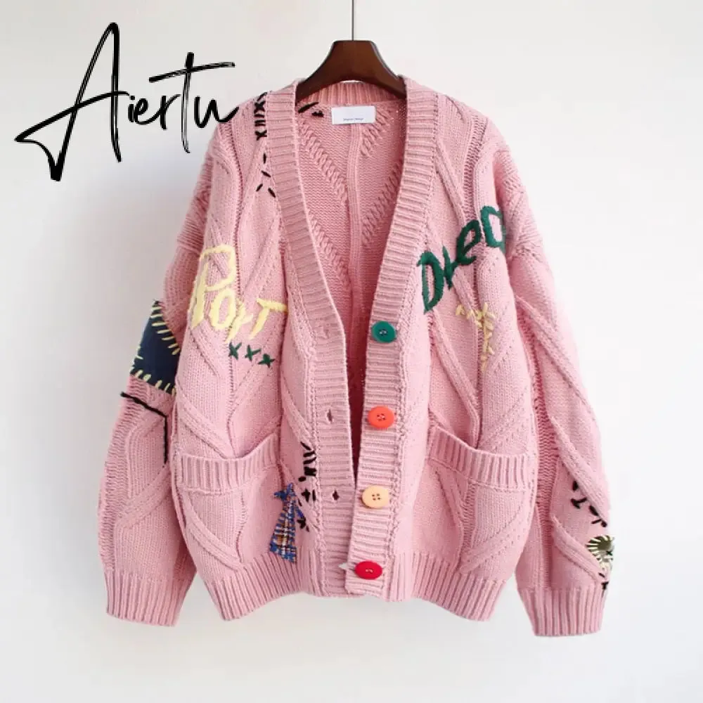 Aiertu Autumn Winter Women Cardigans Warm Knitted Sweater Jacket Pocket Embroidery Fashion Knit Cardigan Coat Lady Loose Sweaters tops