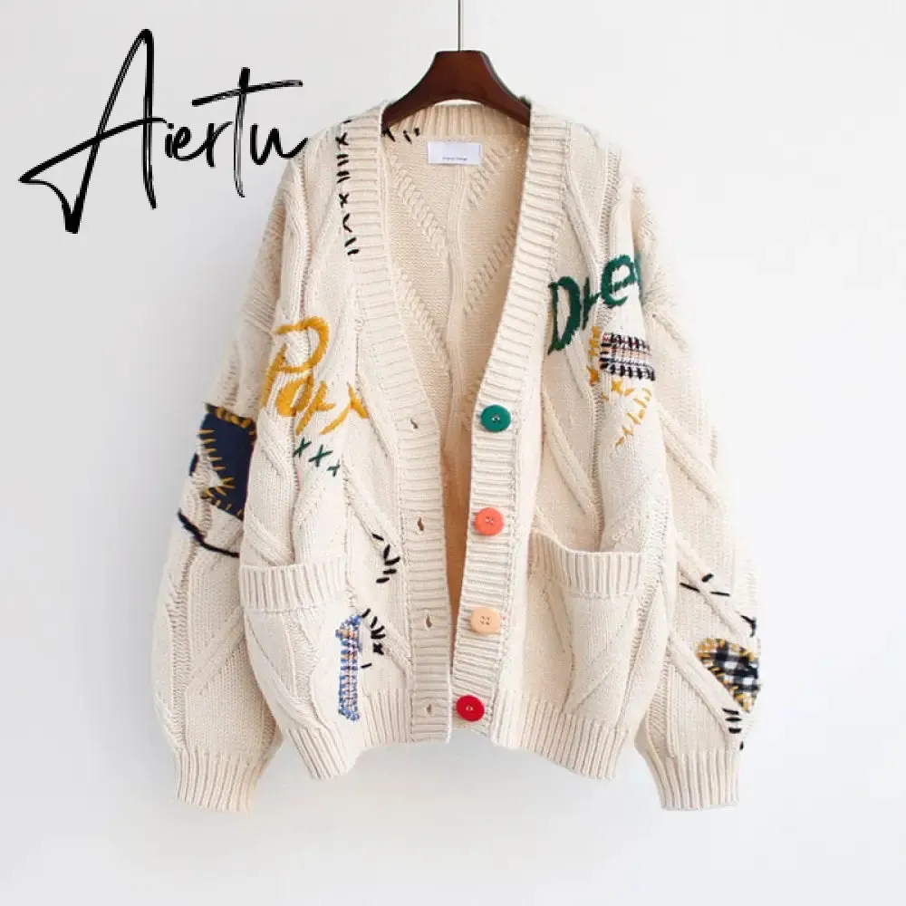 Aiertu Autumn Winter Women Cardigans Warm Knitted Sweater Jacket Pocket Embroidery Fashion Knit Cardigan Coat Lady Loose Sweaters tops