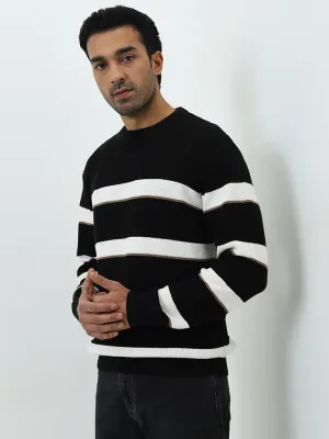 Ascot Black Stripe Printed Relaxed-Fit Cotton Sweater