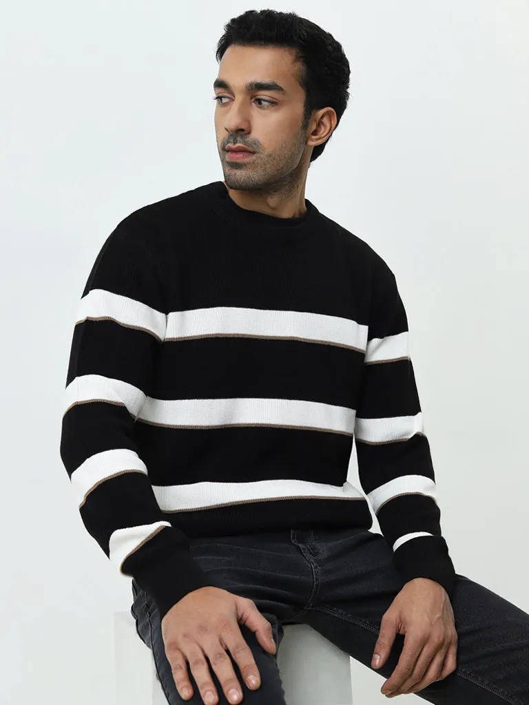 Ascot Black Stripe Printed Relaxed-Fit Cotton Sweater