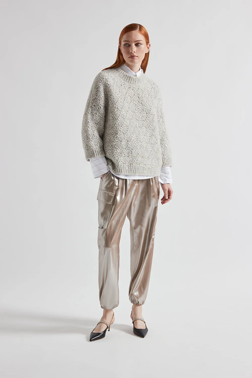 Baggy trousers in flowing silver laminated viscose twill