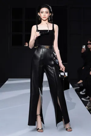 Beles Straight Slit Hem Leather Floor Length Pants