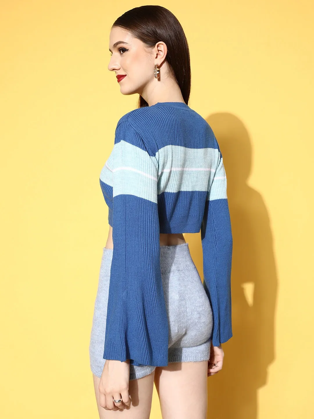 Berrylush Women Blue Striped Pattern Round Neck Acrylic Ribbed Hem Crop Pullover