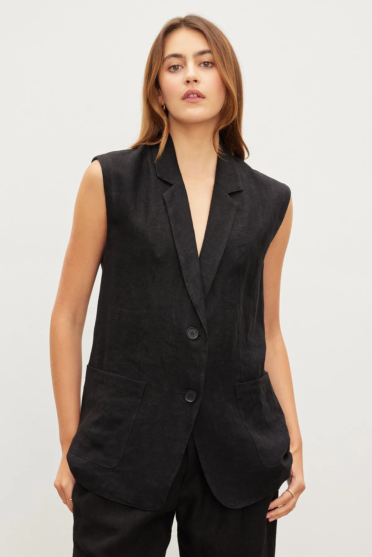 BETHAN HEAVY LINEN SLEEVELESS BLAZER