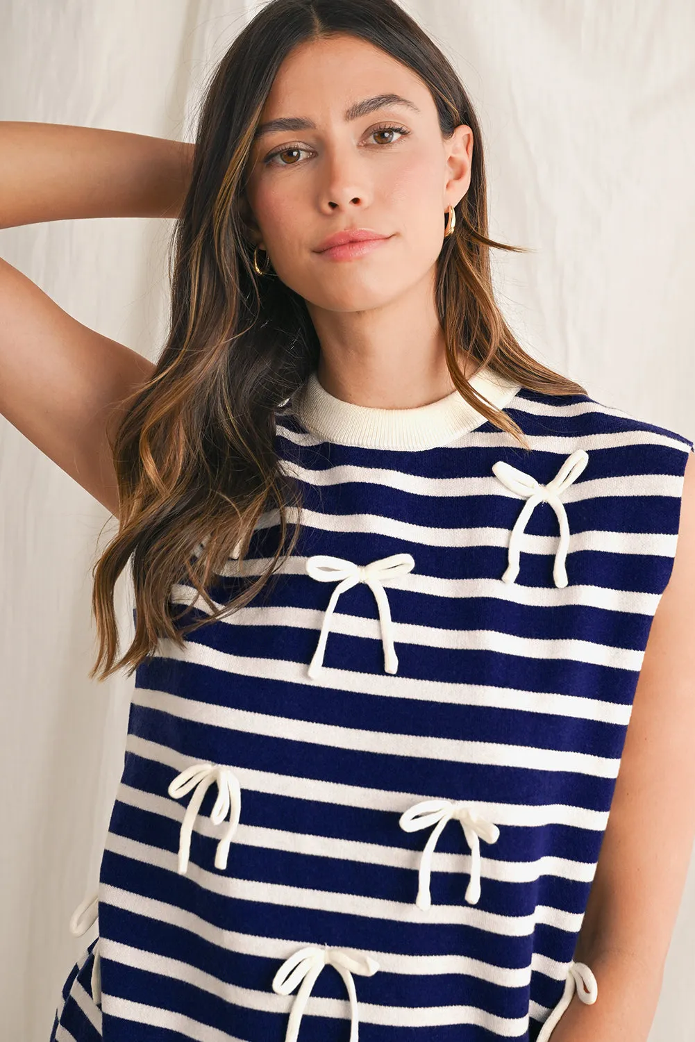 Blue Striped Sweet Bow Pattern Sleeveless Knit Top