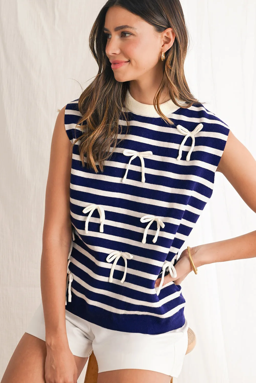 Blue Striped Sweet Bow Pattern Sleeveless Knit Top