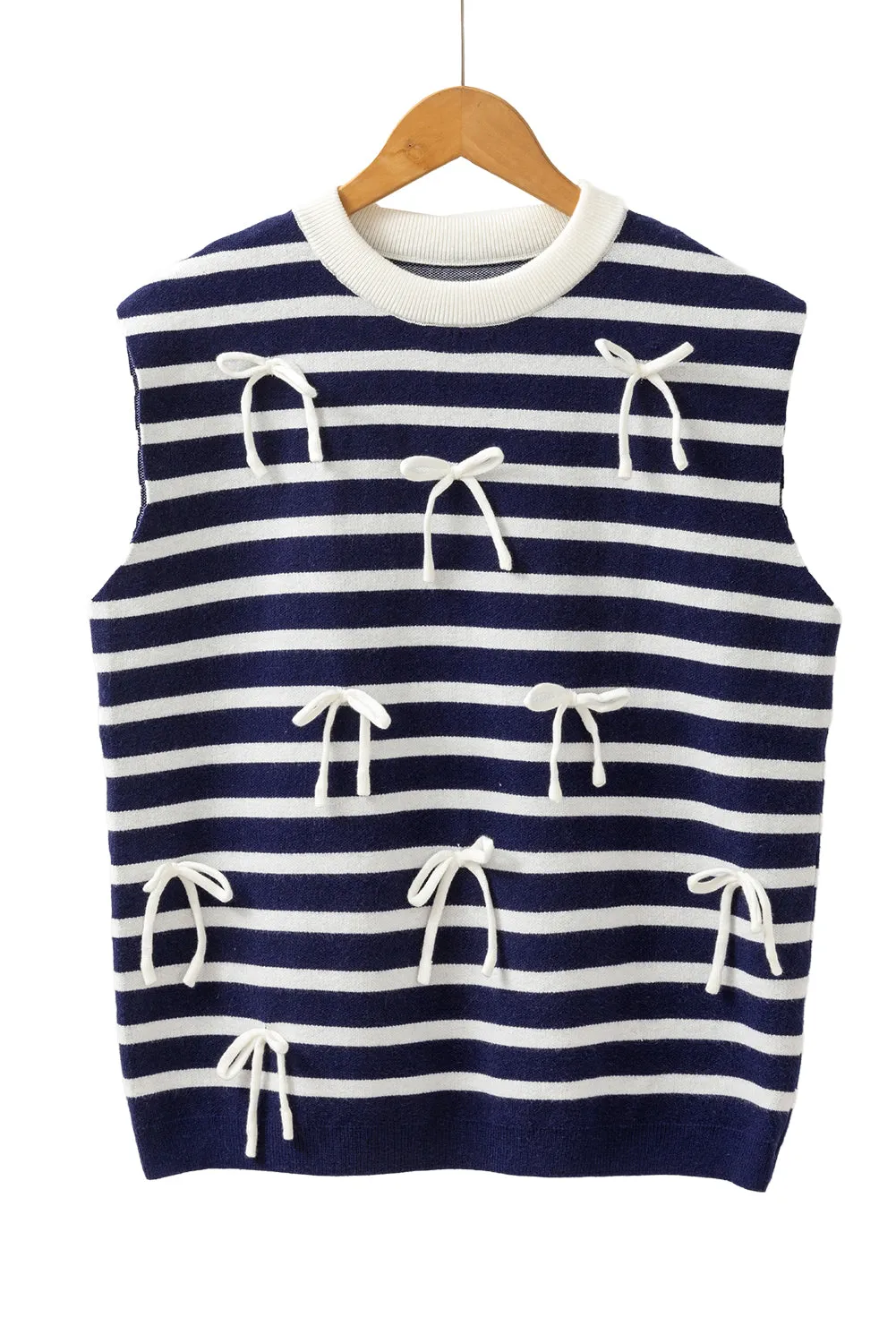 Blue Striped Sweet Bow Pattern Sleeveless Knit Top