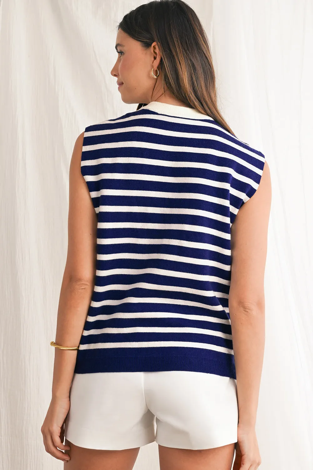 Blue Striped Sweet Bow Pattern Sleeveless Knit Top