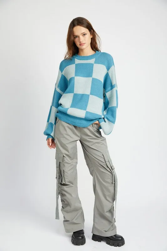 Checkerboard Sweater With Bubble Sleeves