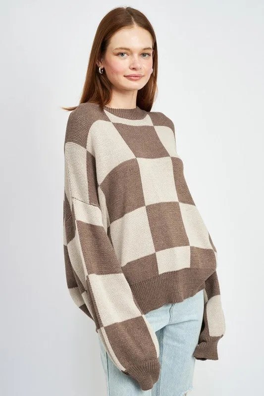 Checkerboard Sweater With Bubble Sleeves