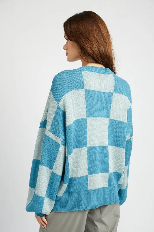 Checkerboard Sweater With Bubble Sleeves