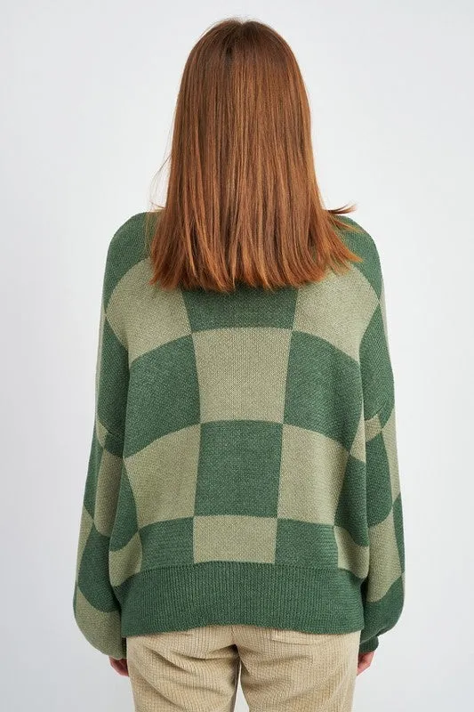 Checkerboard Sweater With Bubble Sleeves