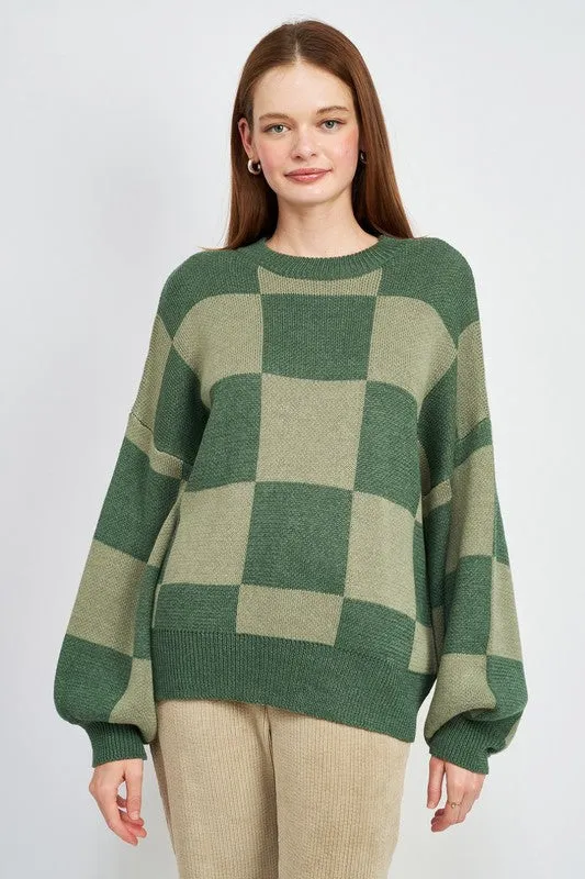 Checkerboard Sweater With Bubble Sleeves