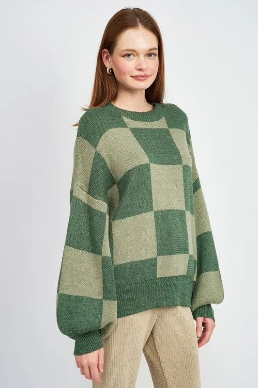 Checkerboard Sweater With Bubble Sleeves