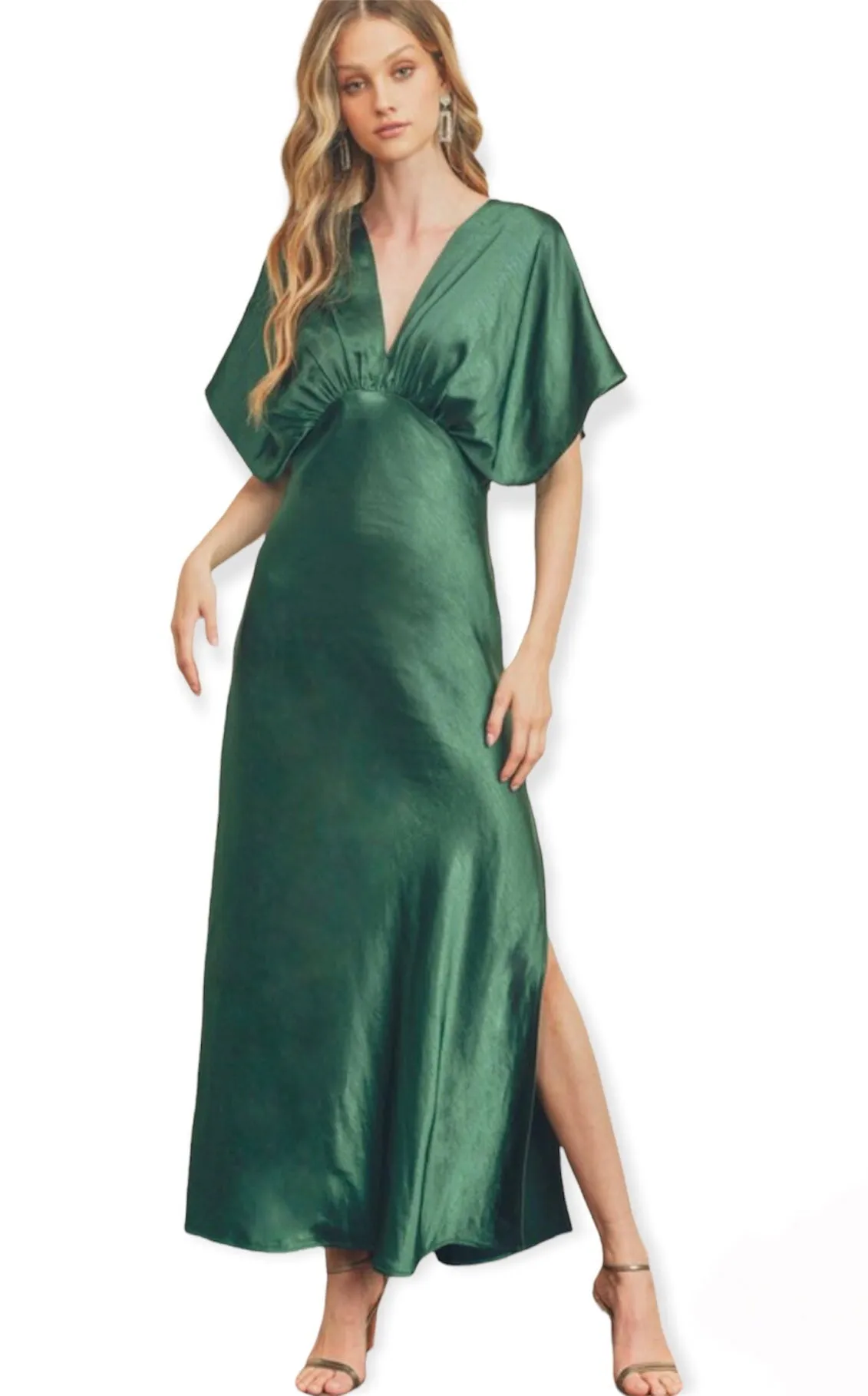 Classic Elegant Dark Emerald Satin Maxi Dress