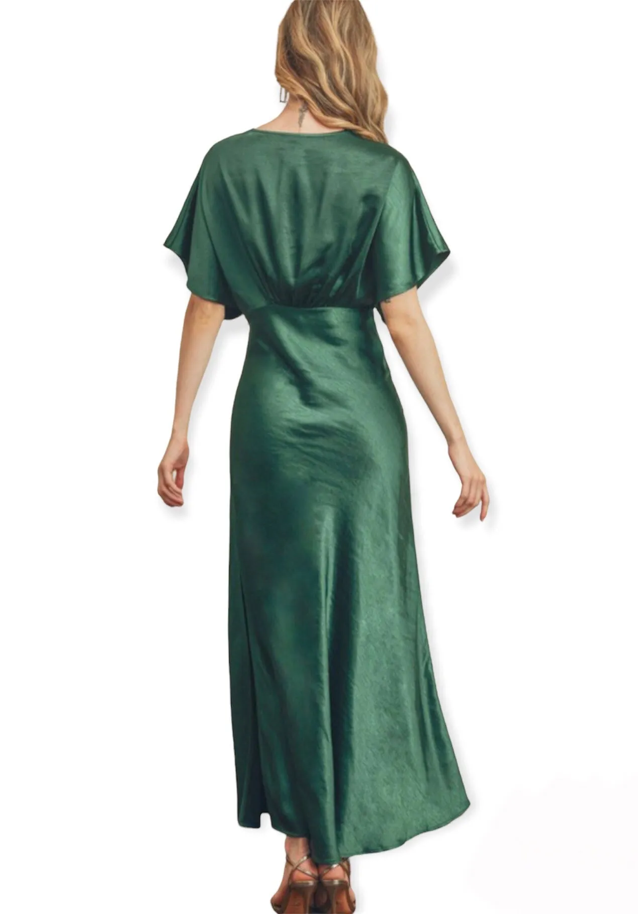 Classic Elegant Dark Emerald Satin Maxi Dress