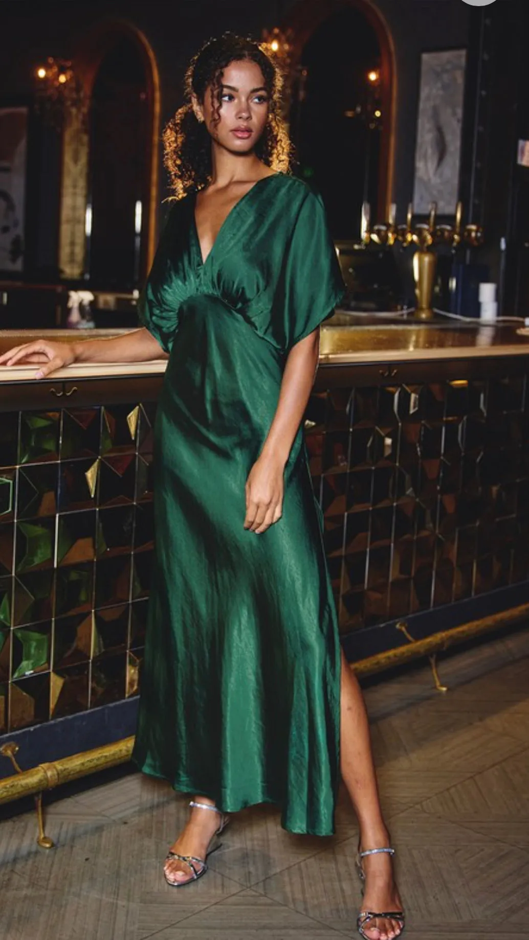 Classic Elegant Dark Emerald Satin Maxi Dress