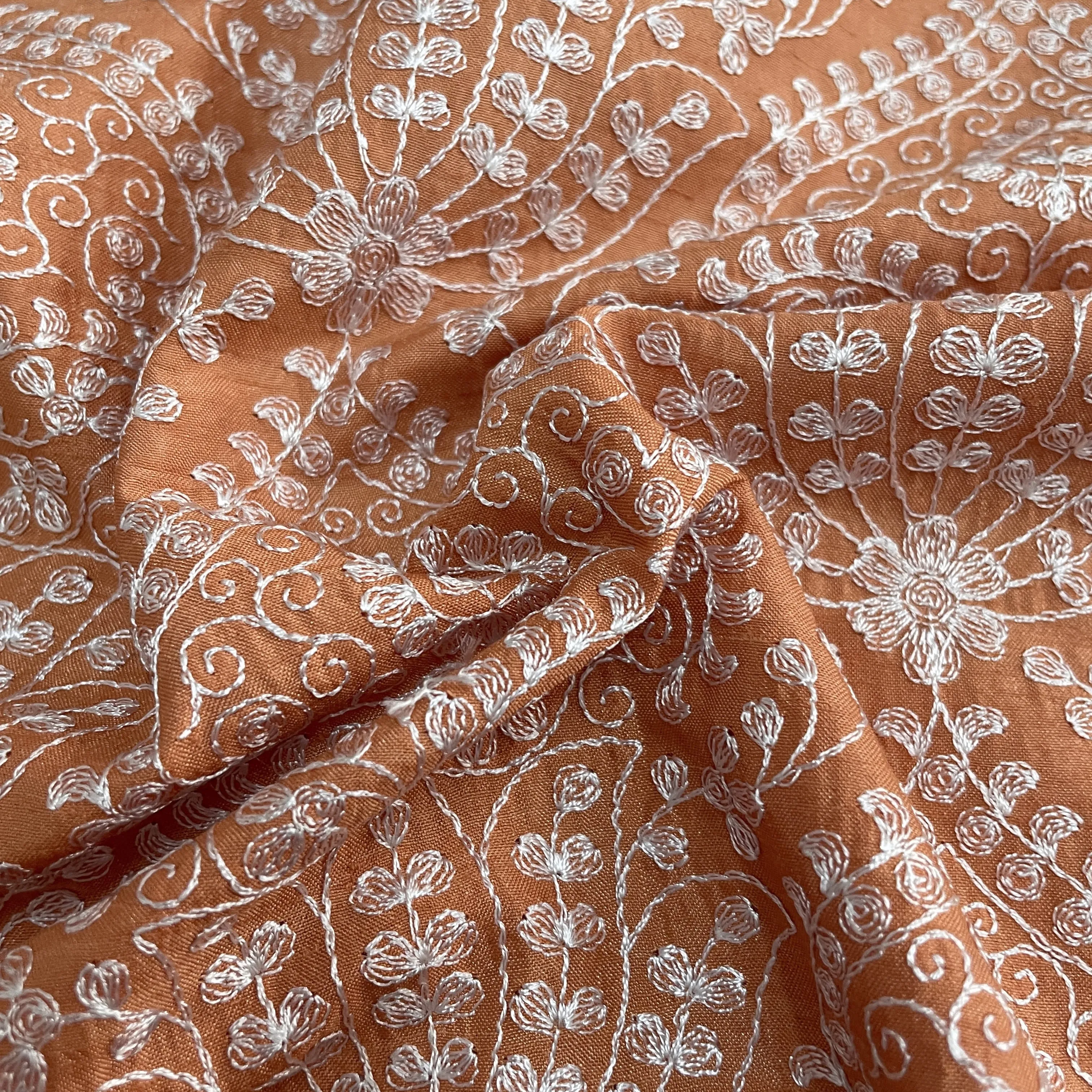 Classic Orange Floral Thread Embroidery Bemberg Silk Fabric