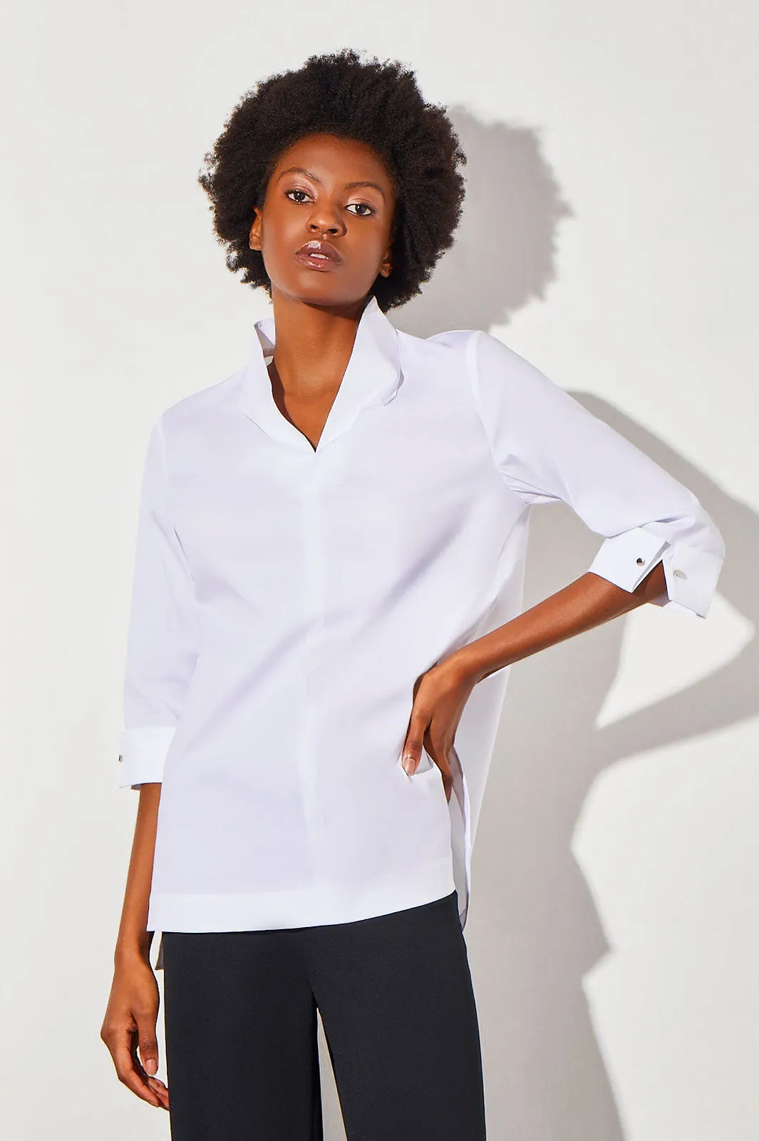 Cuff Sleeve High-Low Cotton Blouse