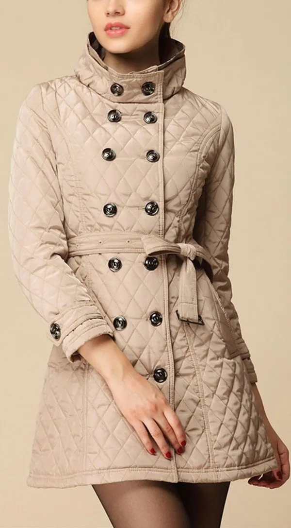 Diamond Quilted Short Trench Coat - Pink, Khaki, Black or Red