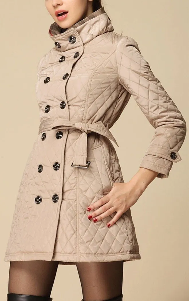 Diamond Quilted Short Trench Coat - Pink, Khaki, Black or Red