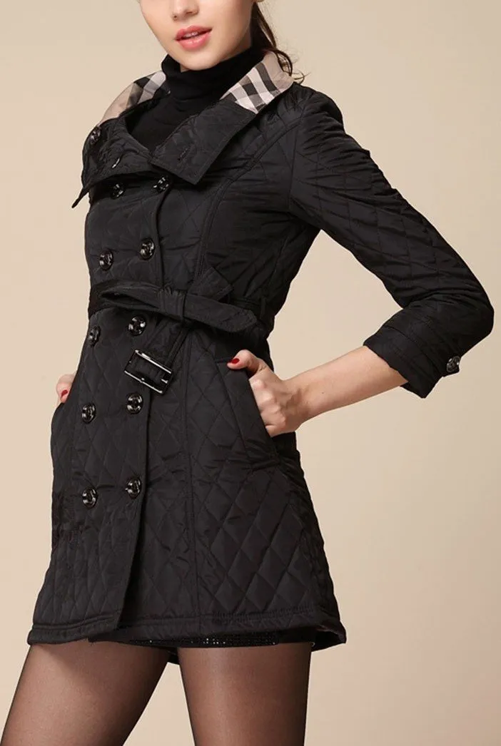 Diamond Quilted Short Trench Coat - Pink, Khaki, Black or Red