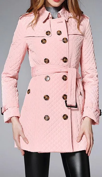 Diamond Quilted Short Trench Coat - Pink, Khaki, Black or Red