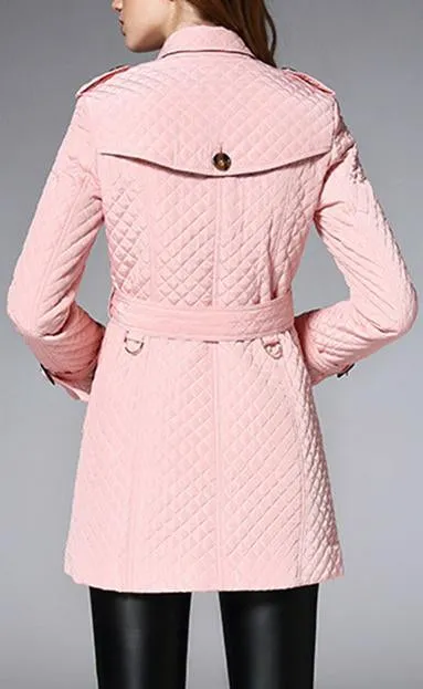 Diamond Quilted Short Trench Coat - Pink, Khaki, Black or Red