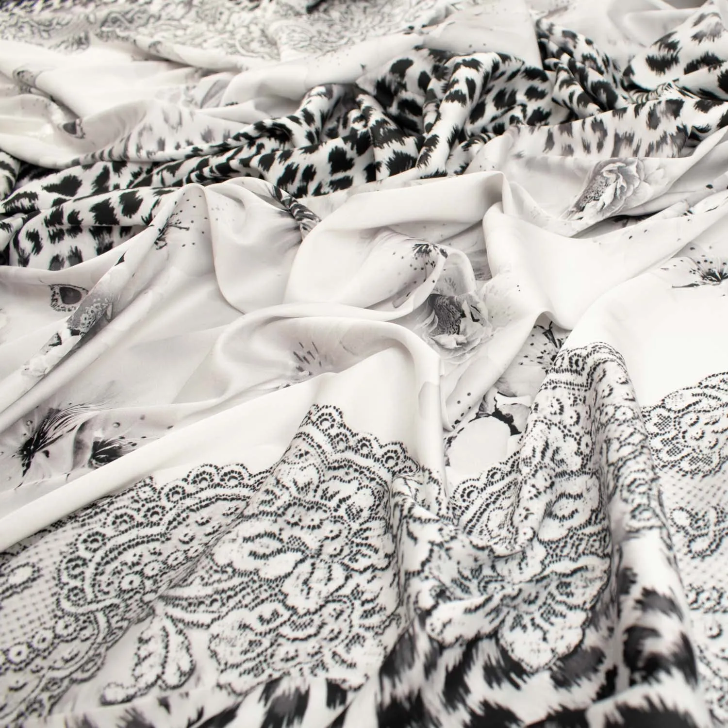 Digital Printed Satin Design-17 Black Leopard on White