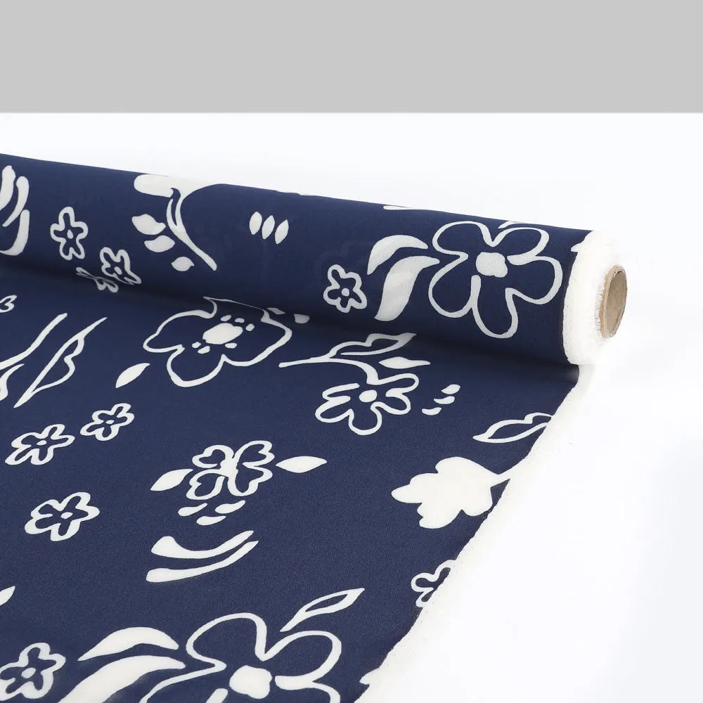 Drawn Flowers Viscose Georgette - Navy