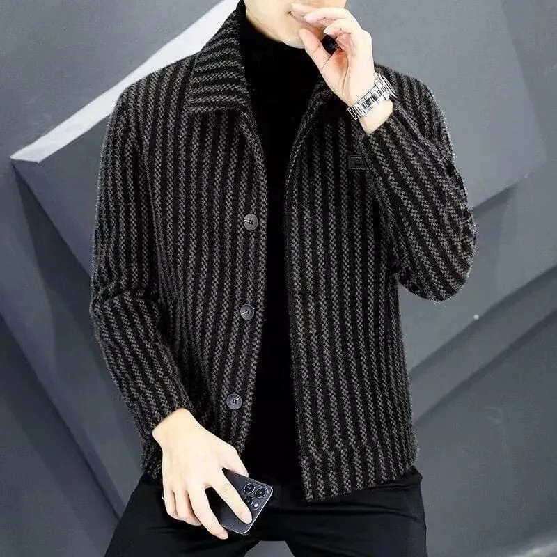 Effortlessly Stylish: Men's Lapel Print Stripe Loose Top Jacket - New Fashion Casual Coat with Cropped Buttons