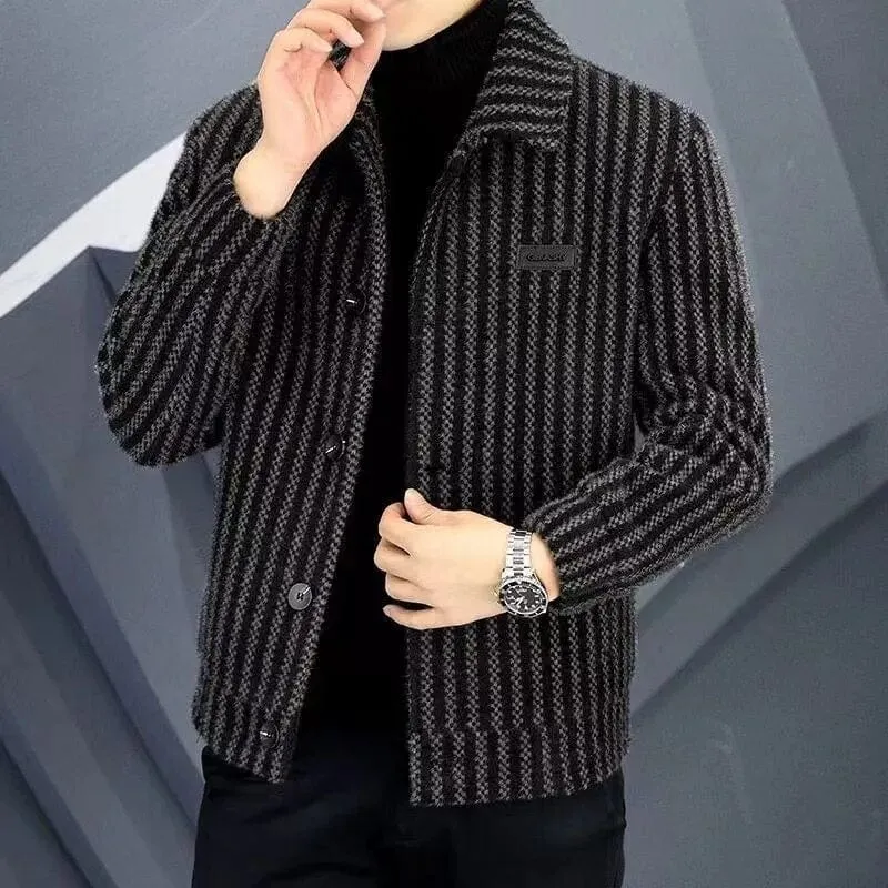 Effortlessly Stylish: Men's Lapel Print Stripe Loose Top Jacket - New Fashion Casual Coat with Cropped Buttons