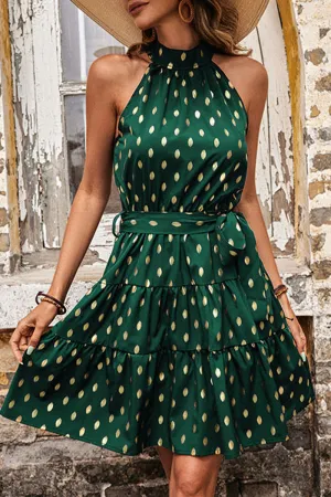 Elegant Bronzing Polka Dot Bandage Fold Halter A Line Dresses