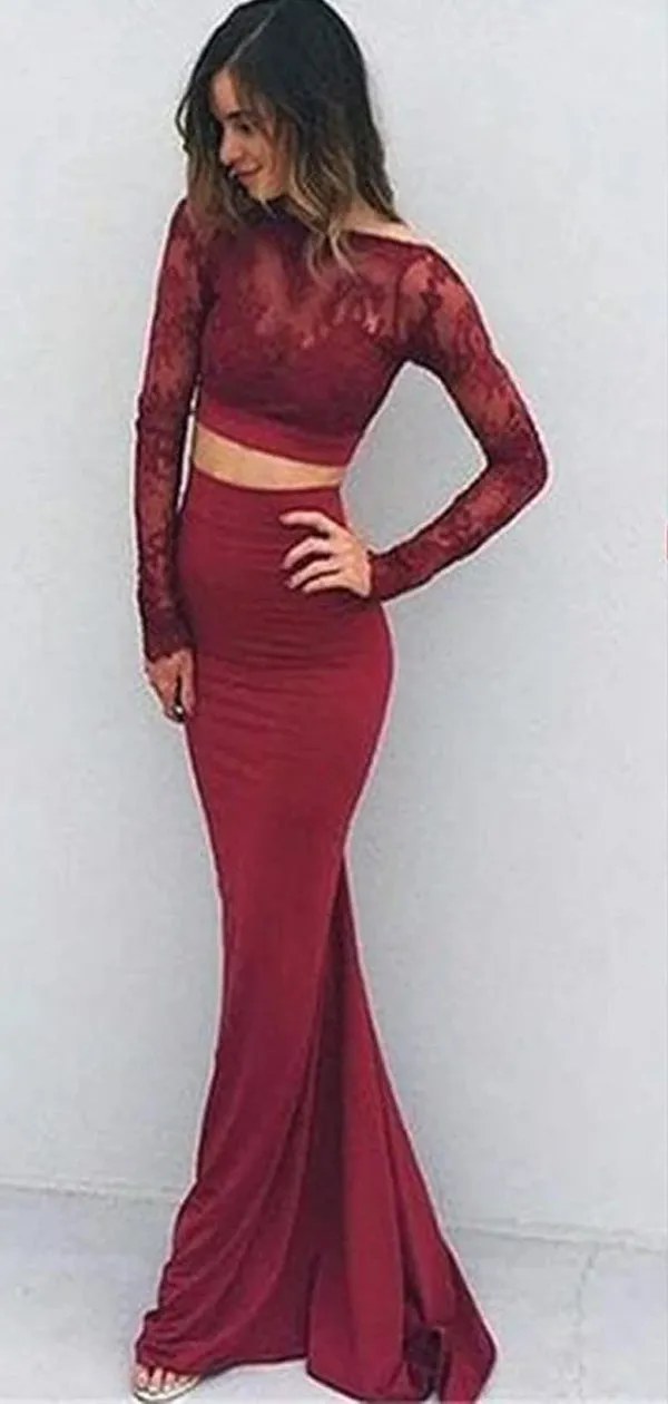 Elegant Burgundy Two Pieces Backless With Long Sleeve Mermaid Lace Prom Dresses. PD0202-1