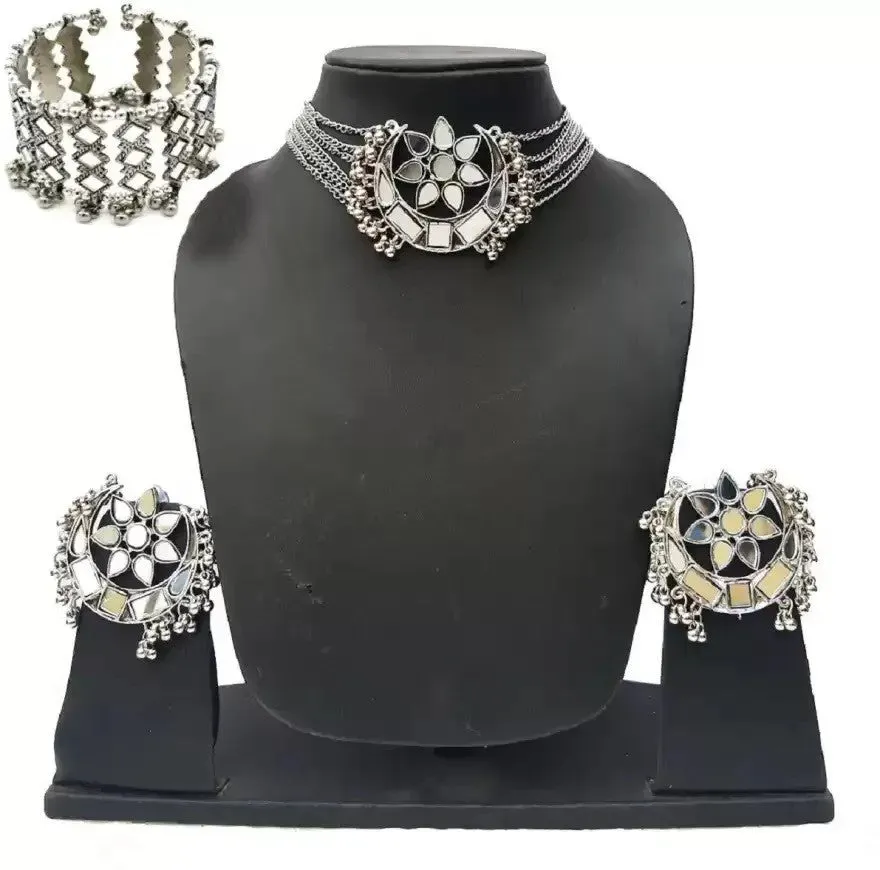 Elegant Mirror Work Alloy Silver Plated Oxidised Jewellery Set