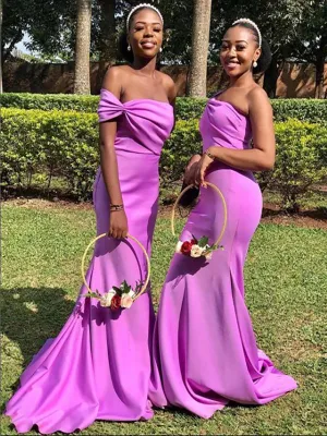 Elegant Purple Satin Off Shoulder Mermaid Bridesmaid Dresses Wedding Guest Dress, SFWG00416