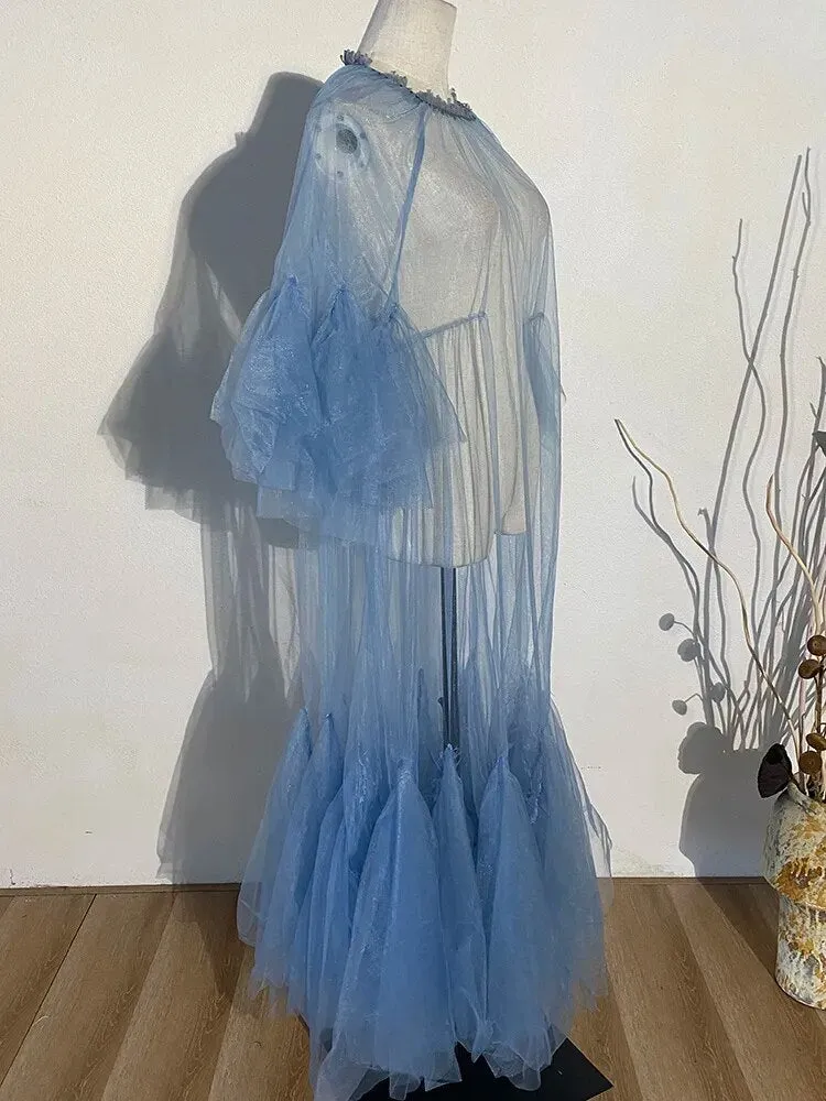 Elegant Ruffle Puff Sleeve Sheer Dress