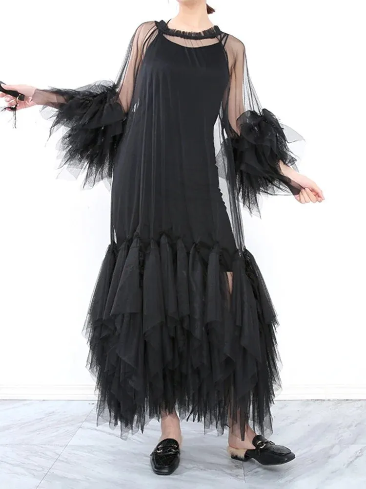 Elegant Ruffle Puff Sleeve Sheer Dress