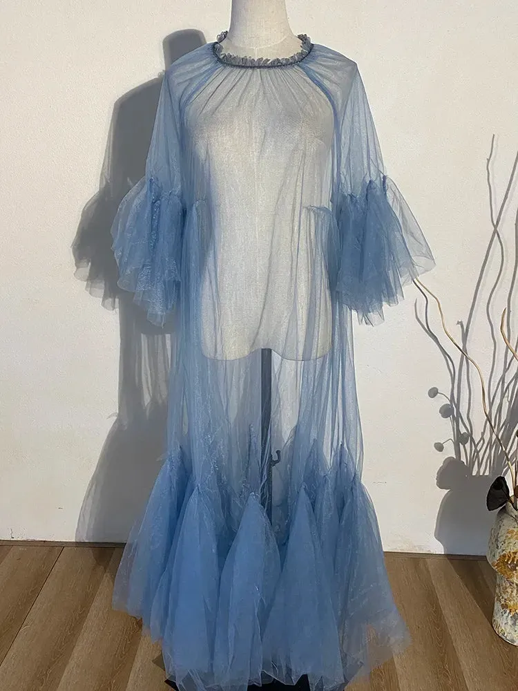 Elegant Ruffle Puff Sleeve Sheer Dress