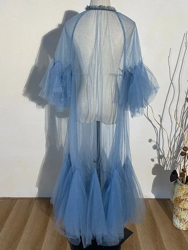 Elegant Ruffle Puff Sleeve Sheer Dress