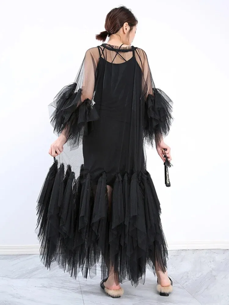 Elegant Ruffle Puff Sleeve Sheer Dress