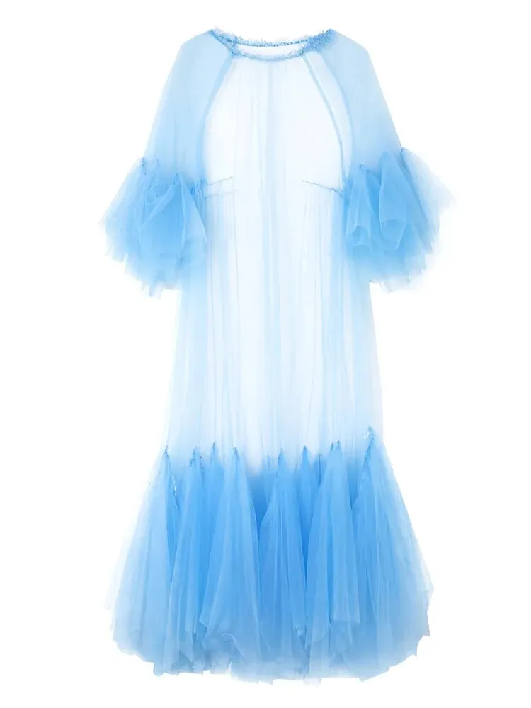 Elegant Ruffle Puff Sleeve Sheer Dress