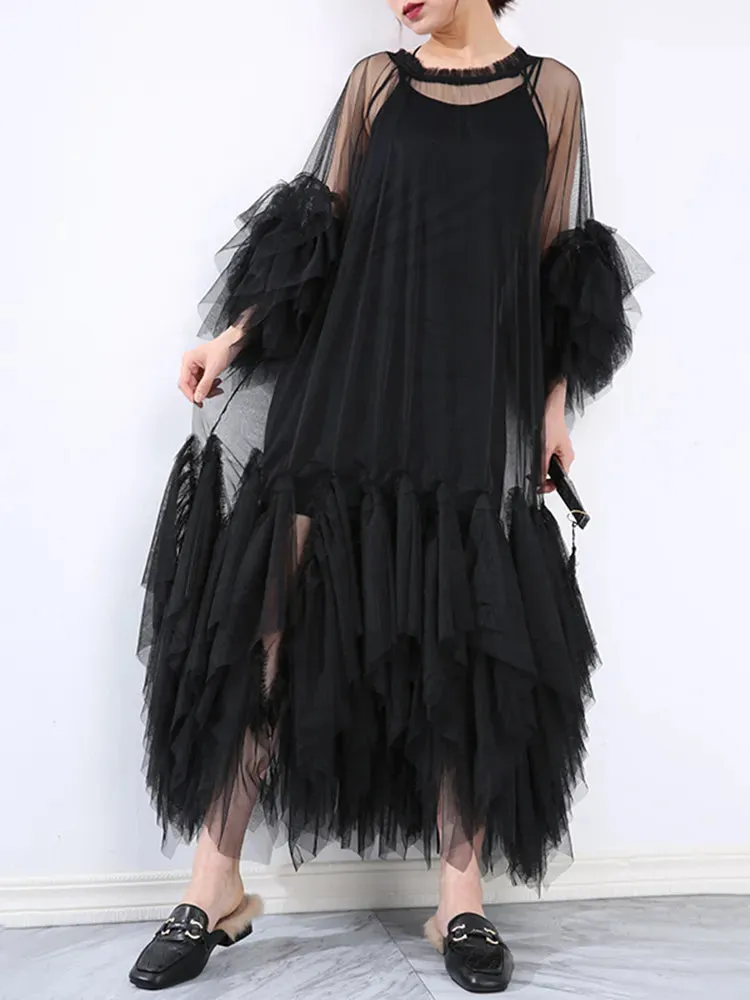 Elegant Ruffle Puff Sleeve Sheer Dress