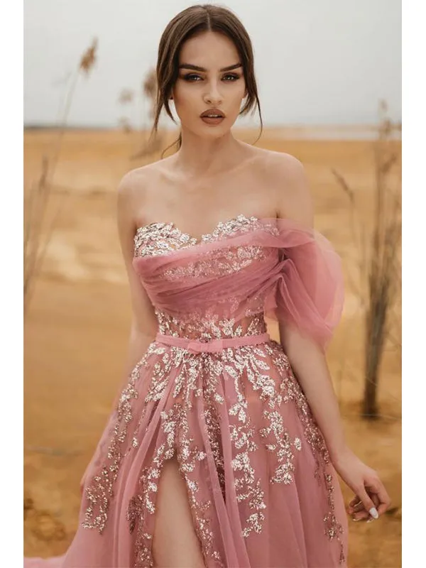 Elegant Sweetheart Pink Off the Shoulder Tulle A-line Long Prom Dresses Evening Dress, OL830