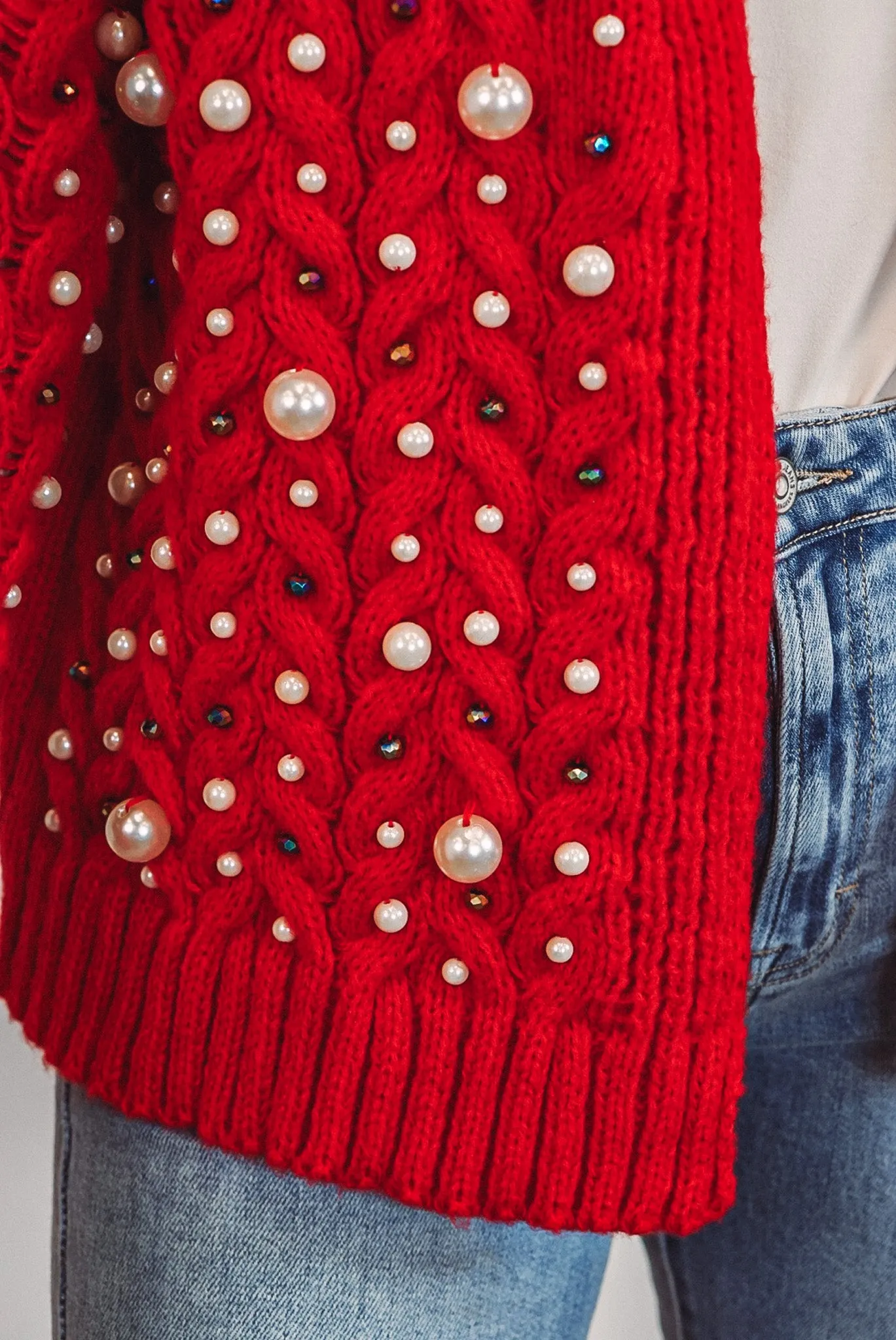 Embellished Pearl Red Knit Cardigan